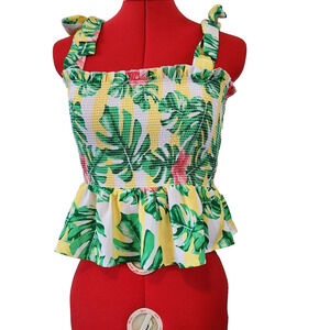 NWT CHANCE OR FATE Yellow Tropical Floral Ruched Tube Top w Ruffle Size M